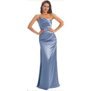 Satin one shoulder maxi blue pleated high slit formal dress Size 4 wedding party